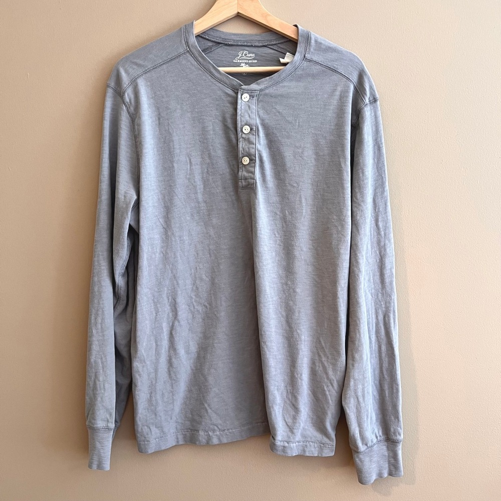 J.Crew Mens Garment-Dyed Slub Cotton Henley Shirt Gray Long Sleeve Large